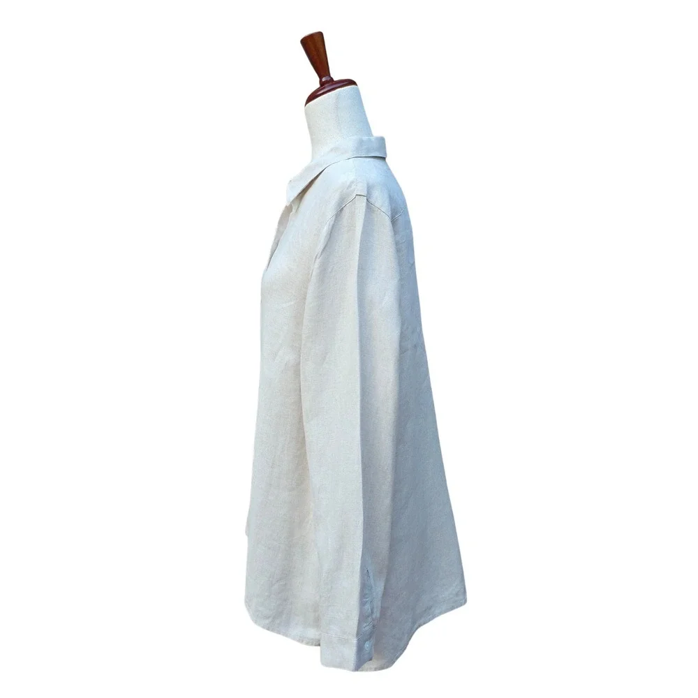 J. Jill Love Linen Button Down L Beige Coastal Minimalist Oversize Long Sleeve - Picture 7 of 13